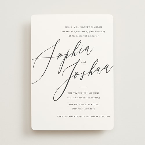 This is a snow rehearsal dinner invitations with standard by Griffinbell Paper Co. called crescendo printing on signature in standard