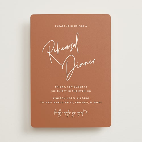 This is a rust rehearsal dinner invitations with standard by JoAnn Jinks called marked printing on signature in standard