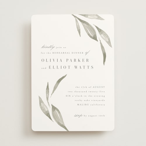 This is a leaf rehearsal dinner invitations with standard by Kristie Kern called whispered leaves printing on signature in standard