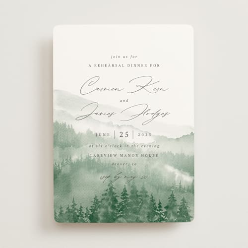 This is a fern rehearsal dinner invitations with standard by Helen Halik called over the mountains printing on signature in standard
