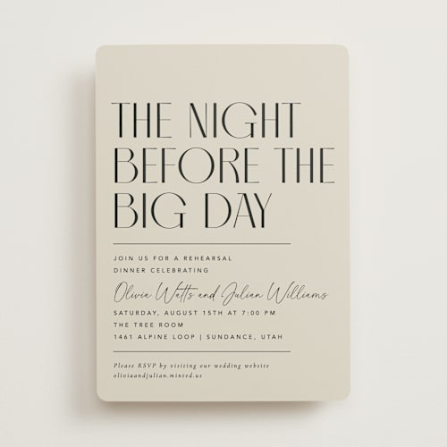 This is a sand rehearsal dinner invitations with standard by Robert and Stella called modern stack printing on signature in standard