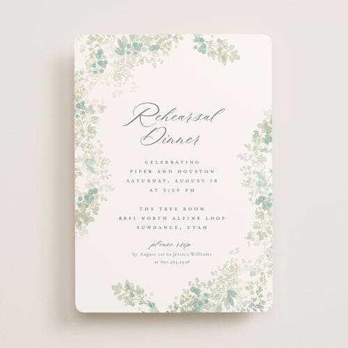 This is a linen rehearsal dinner invitations with standard by Robert and Stella called greenery swash printing on signature in standard