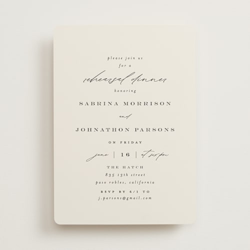 This is a ivory rehearsal dinner invitations with standard by Carolyn Nicks called softly swept printing on signature in standard