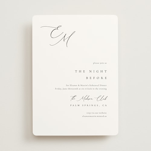 This is a silk rehearsal dinner invitations with standard by Kelly Schmidt called corner printing on signature in standard