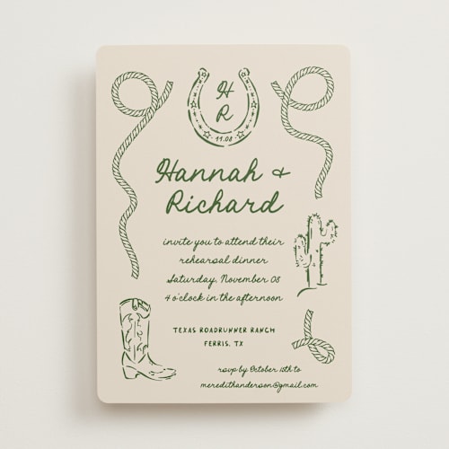 This is a lasso rehearsal dinner invitations with standard by Claudia Orengo called western printing on signature in standard