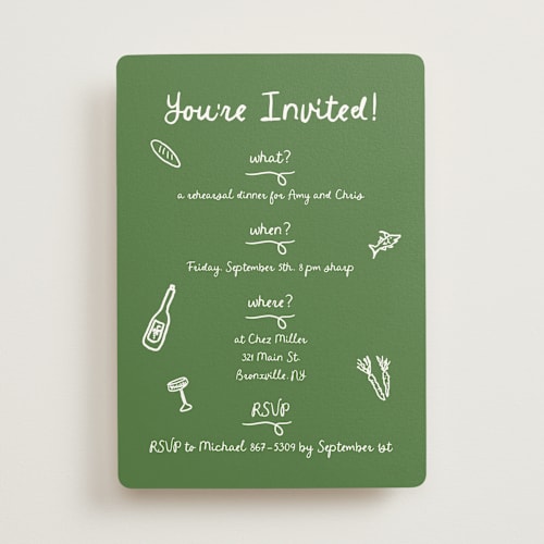 This is a kelly green rehearsal dinner invitations with standard by Cotton and Bow called first course party printing on signature in standard