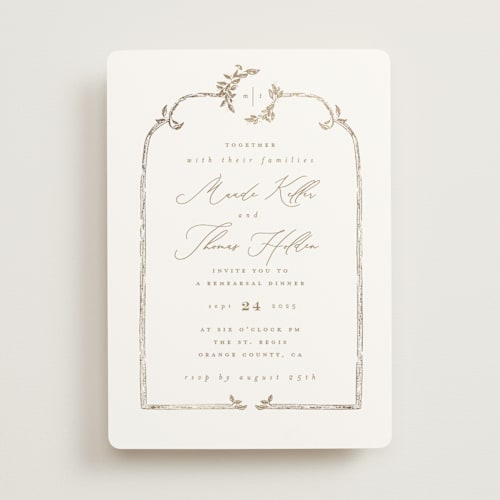 This is a porcelain rehearsal dinner invitations with foil pressed by Leah Bisch called reflection printing on signature in standard