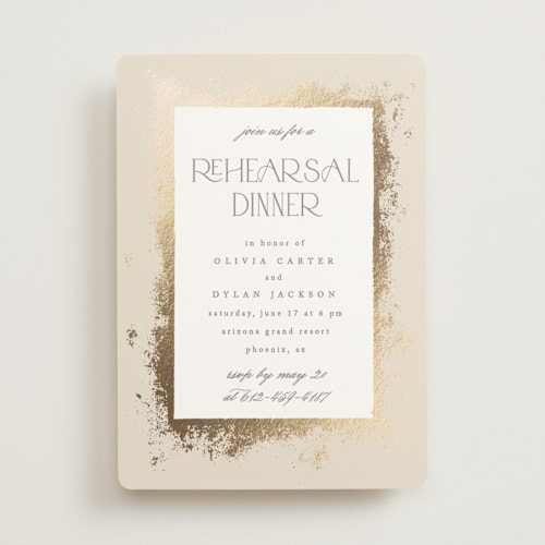 This is a champagne rehearsal dinner invitations with foil pressed by Creo Study called timeless glimmer printing on signature in standard