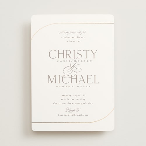 This is a lily rehearsal dinner invitations with foil pressed by Creo Study called glimmering sweep printing on signature in standard