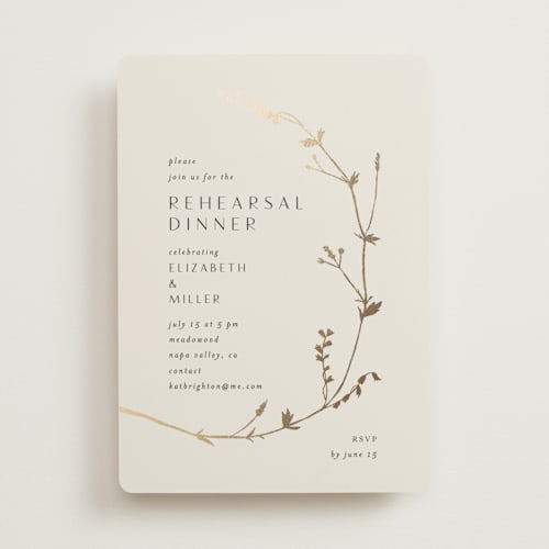 This is a champagne rehearsal dinner invitations with foil pressed by Amy Kross called vine wrap printing on signature in standard