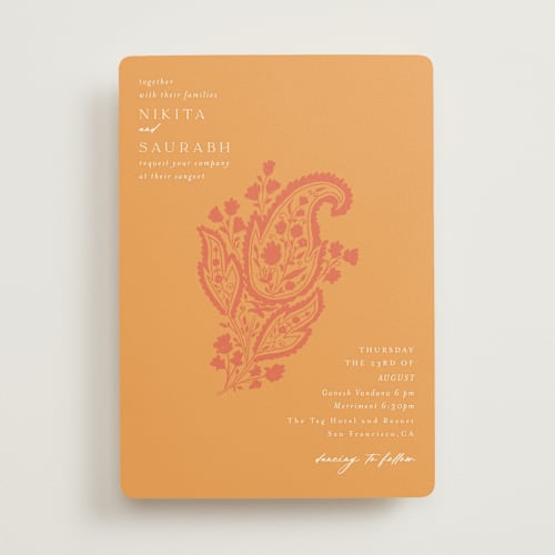 This is a tangerine wedding invitations with standard by Kanika Mathur called heritage paisley printing on signature in standard