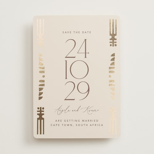 This is a sahara foil stamped save the date cards with foil pressed by David Michuki called cultured element printing on signature in standard