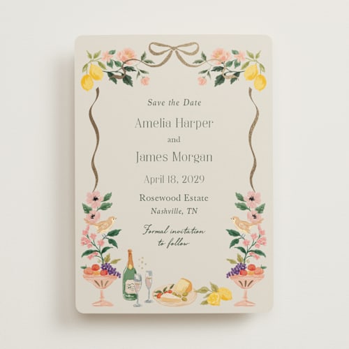 This is a garden foil stamped save the date cards with foil pressed by Elly called garden feast printing on signature in standard