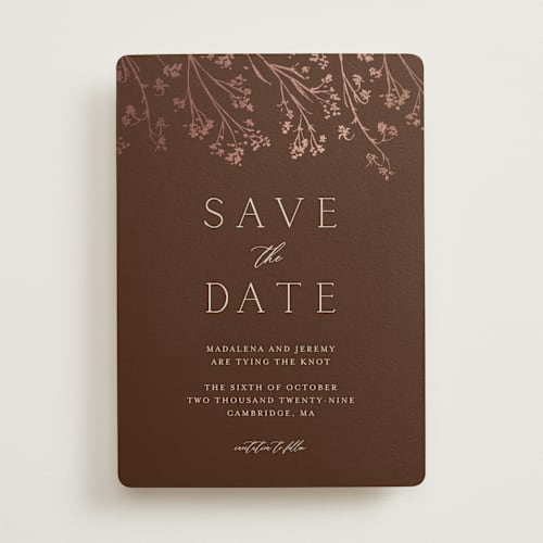 This is a mahogany foil stamped save the date cards with foil pressed by frau brandt called shining florals printing on signature in standard