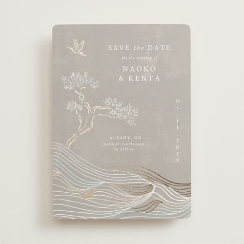 This is a ash foil stamped save the date cards with foil pressed by Jelena Vuletic called asahi printing on signature in standard