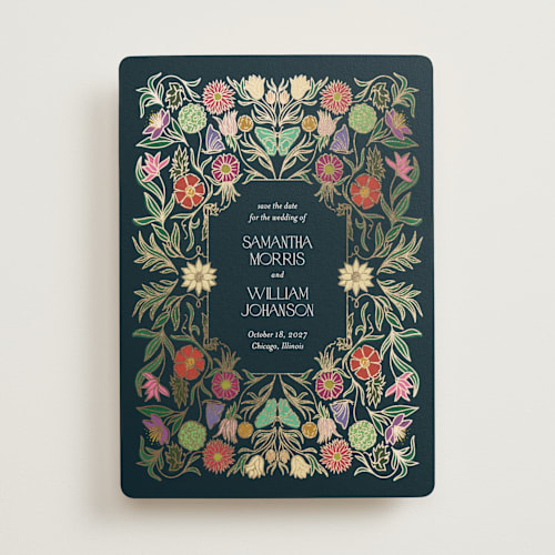 This is a midnight garden foil stamped save the date cards with foil pressed by Simona Camp called gilded tapestry printing on signature in standard