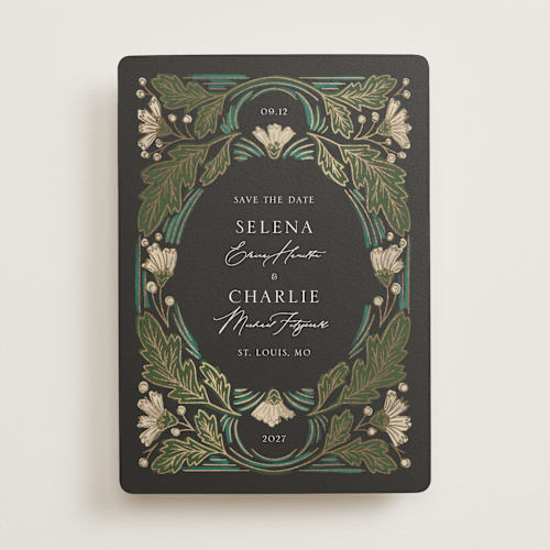 This is a lily foil stamped save the date cards with foil pressed by Jen Owens called embellished printing on signature in standard