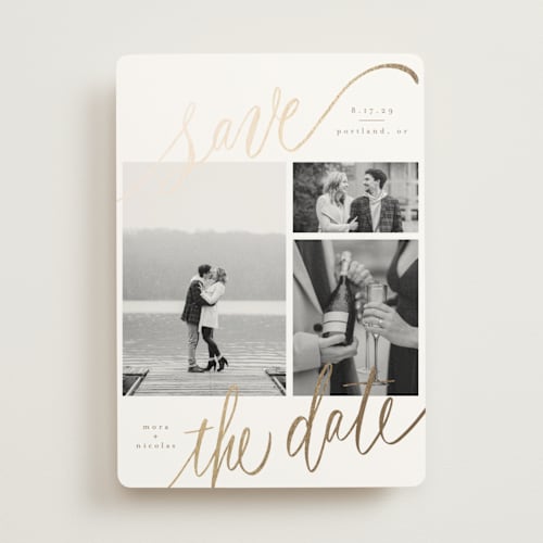 This is a veil foil stamped save the date cards with foil pressed by Elsa Duncan called tri-photo save the date printing on signature in standard