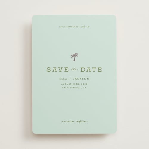 This is a ocean foil stamped save the date cards with foil pressed by Olivia Goree called vacation printing on signature in standard