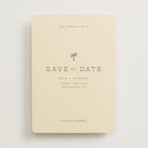 This is a sand foil stamped save the date cards with foil pressed by Olivia Goree called vacation printing on signature in standard