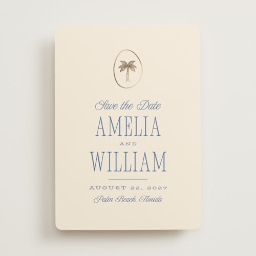 This is a ocean foil stamped save the date cards with foil pressed by Robert and Stella called madeira printing on signature in standard
