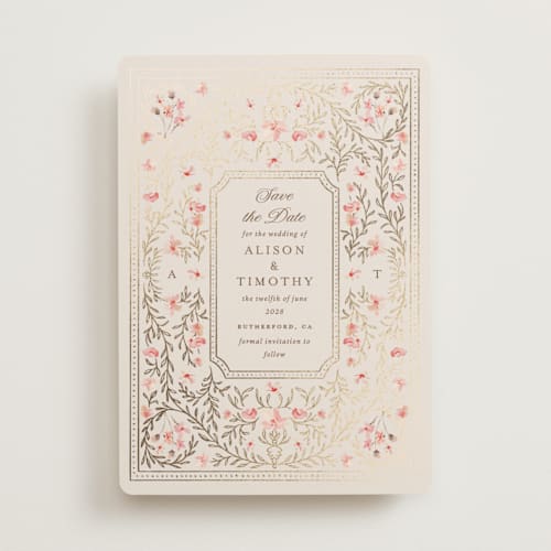 This is a versailles foil stamped save the date cards with foil pressed by Claudia Orengo called victorian printing on signature in standard