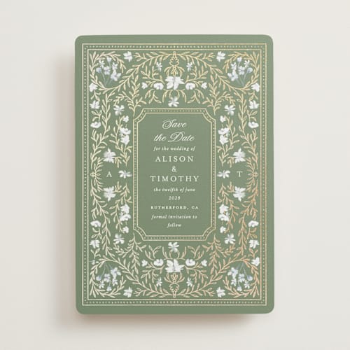 This is a morris foil stamped save the date cards with foil pressed by Claudia Orengo called victorian printing on signature in standard