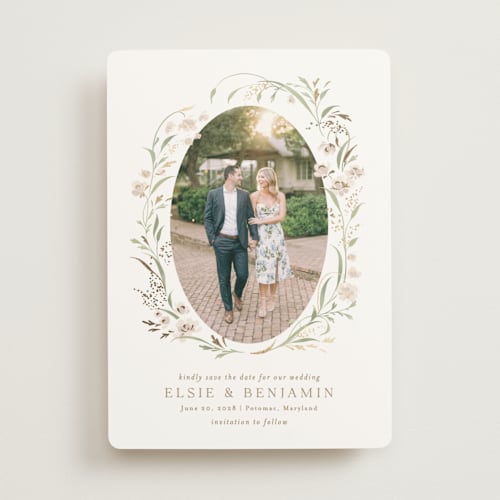 This is a spring mist foil stamped save the date cards with foil pressed by Erin L. Wilson called meadow printing on pearlescent in standard