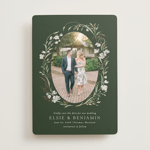 This is a forest floor foil stamped save the date cards with foil pressed by Erin L. Wilson called meadow printing on signature in standard