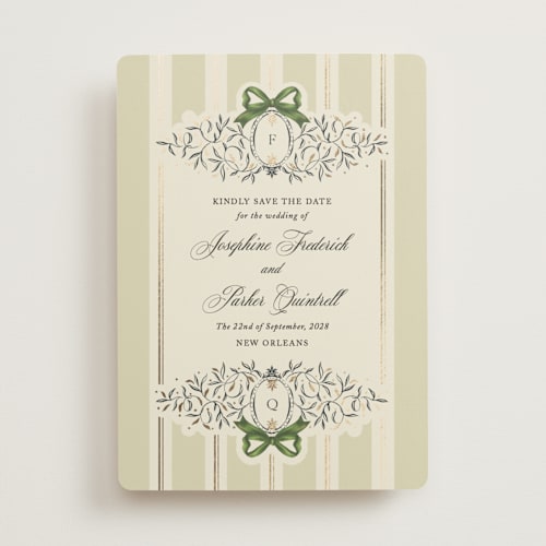 This is a moss foil stamped save the date cards with foil pressed by Jackie Crawford called josephine printing on signature in standard
