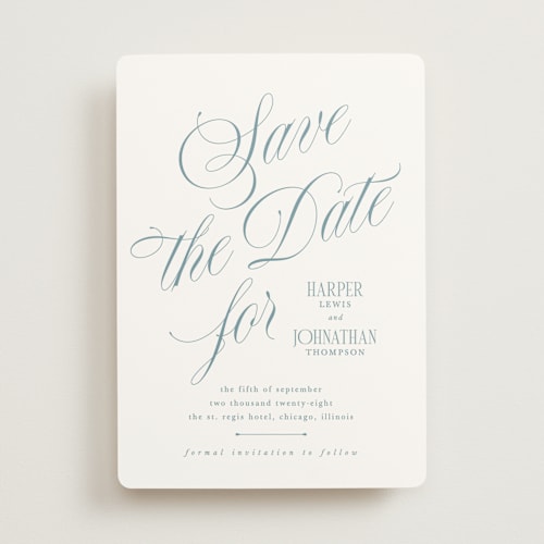 This is a sky save the date with standard by Kate Ahn called mirin printing on signature in standard