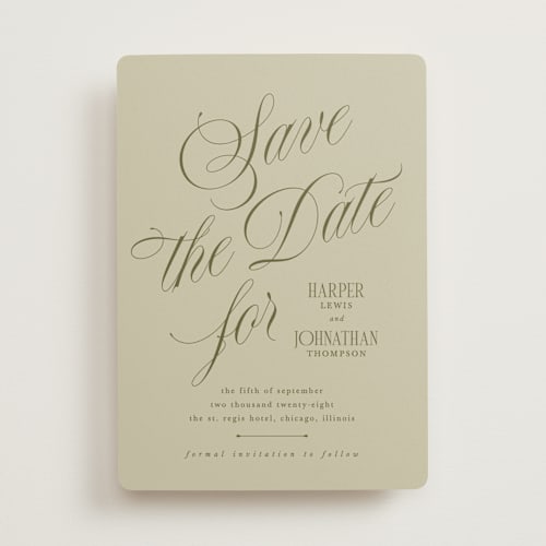 This is a moss save the date with standard by Kate Ahn called mirin printing on signature in standard