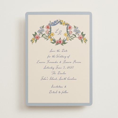 This is a cornflower save the date with standard by Chris Griffith called a wedding in low country printing on signature in standard