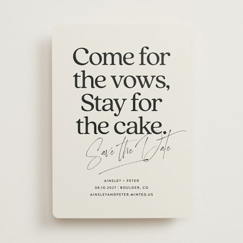 This is a dark chocolate save the date with standard by Jackie Crawford called stay for cake printing on signature in standard