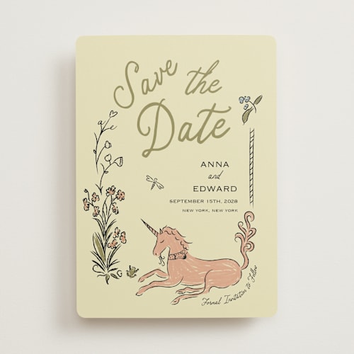 This is a moss save the date with standard by Helena Vitto called love rests in a garden printing on signature in standard
