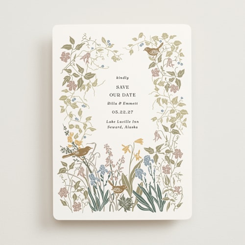This is a mauve save the date with standard by Cedar and Grey called wild clematis printing on signature in standard