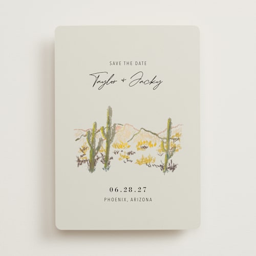 This is a olive save the date with standard by Cass Loh called desert crayon drawing printing on signature in standard