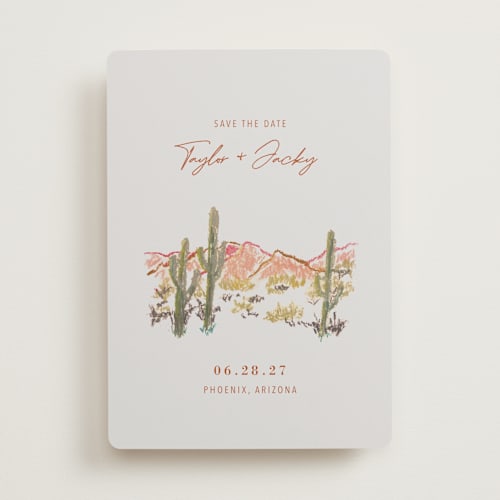 This is a burnt sienna save the date with standard by Cass Loh called desert crayon drawing printing on signature in standard