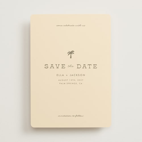 This is a sand save the date with standard by Olivia Goree called vacation printing on signature in standard