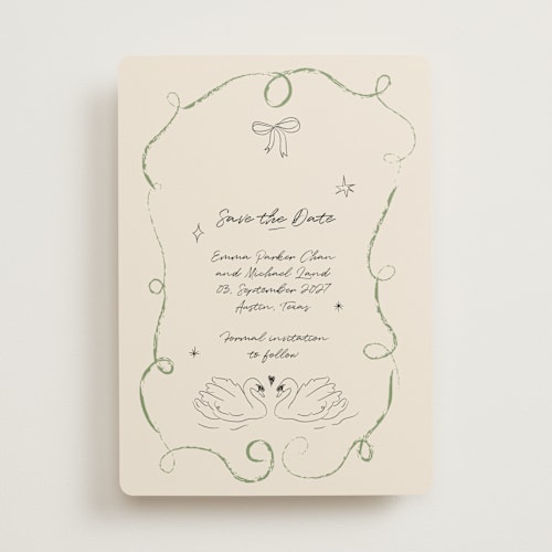 This is a olive save the date with standard by Helena Vitto called the swan printing on signature in standard