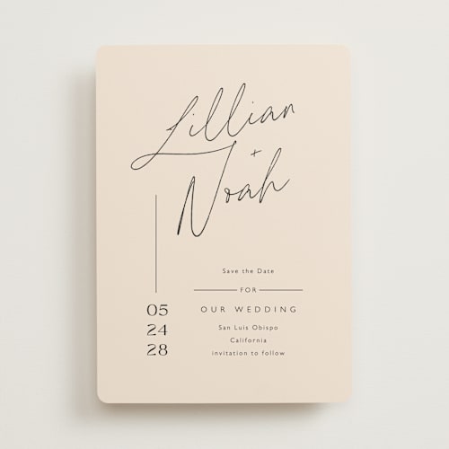 This is a creampuff save the date with standard by Carolyn MacLaren called modern aligned printing on signature in standard