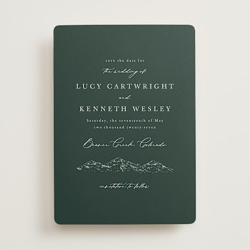 This is a evergreen save the date with standard by Sarah Brown called mountainview printing on signature in standard