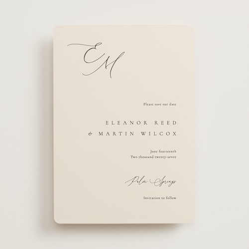This is a linen save the date with standard by Kelly Schmidt called corner printing on signature in standard