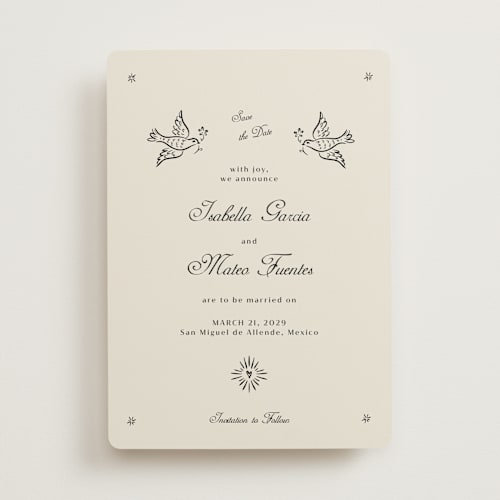 This is a ivory save the date with standard by Ani Somi called milagro printing on signature in standard