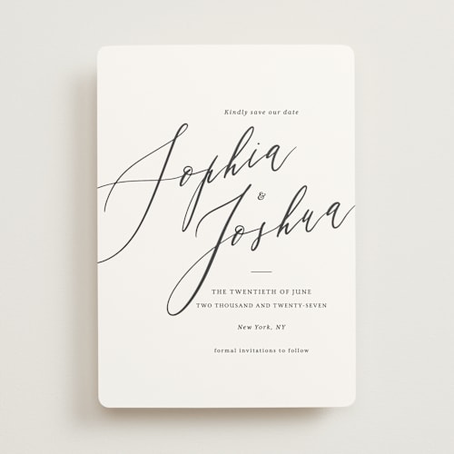 This is a snow save the date with standard by Griffinbell Paper Co. called crescendo printing on signature in standard