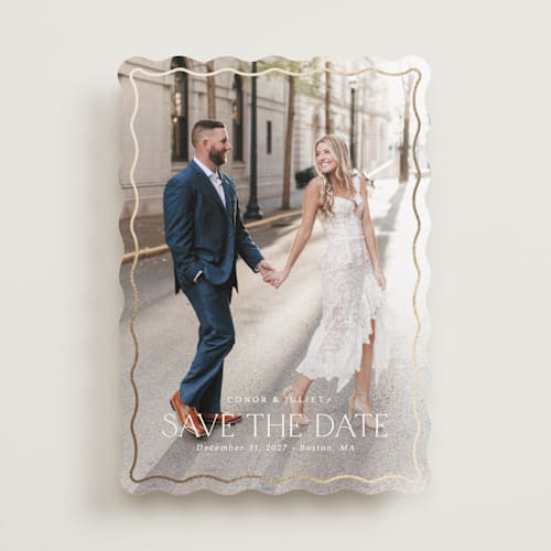 This is a cloud foil stamped save the date cards with foil pressed by Kaydi Bishop called scalloped border printing on recycled smooth signature in standard