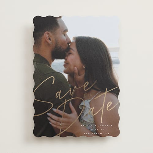 This is a sand foil stamped save the date cards with foil pressed by Vera Lim called bold.. printing on recycled smooth signature in standard