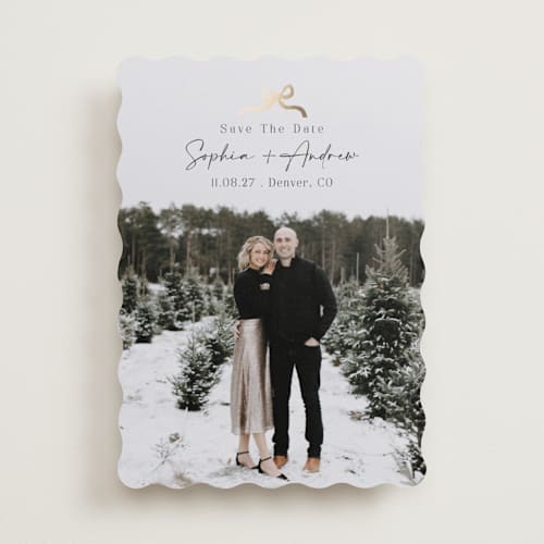 This is a midnight foil stamped save the date cards with foil pressed by Elly called ribbon printing on recycled smooth signature in standard