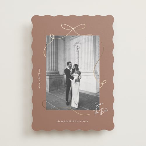 This is a coffee foil stamped save the date cards with foil pressed by Elly called gentle bow printing on recycled smooth signature in standard