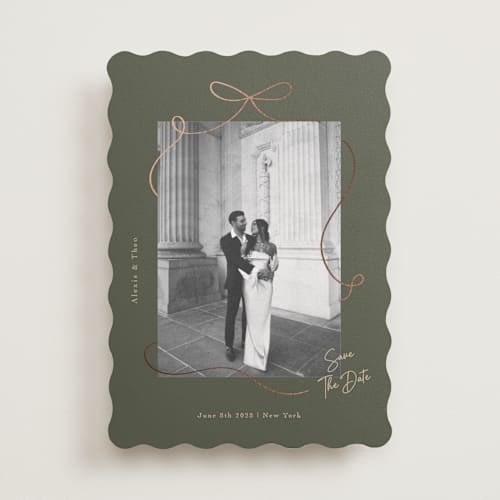 This is a vintage foil stamped save the date cards with foil pressed by Elly called gentle bow printing on recycled smooth signature in standard